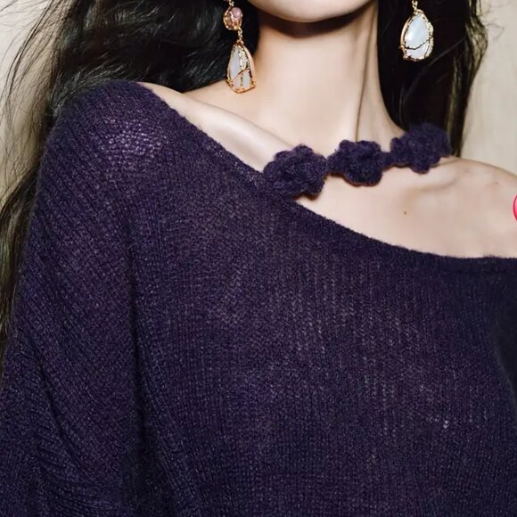 Midnight Plum Purple Oversized Hand-Knit Sweater Pullover - Picture 2 of 8